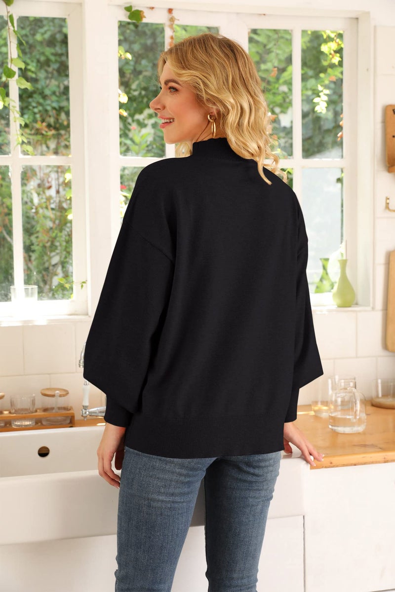 WEACZZY Black Sweaters for Women 2026 Dressy Casual Long Lantern Sleeve Oversized Pullover Sweater Knitted Fall Fashion Tops Black M - Image 3